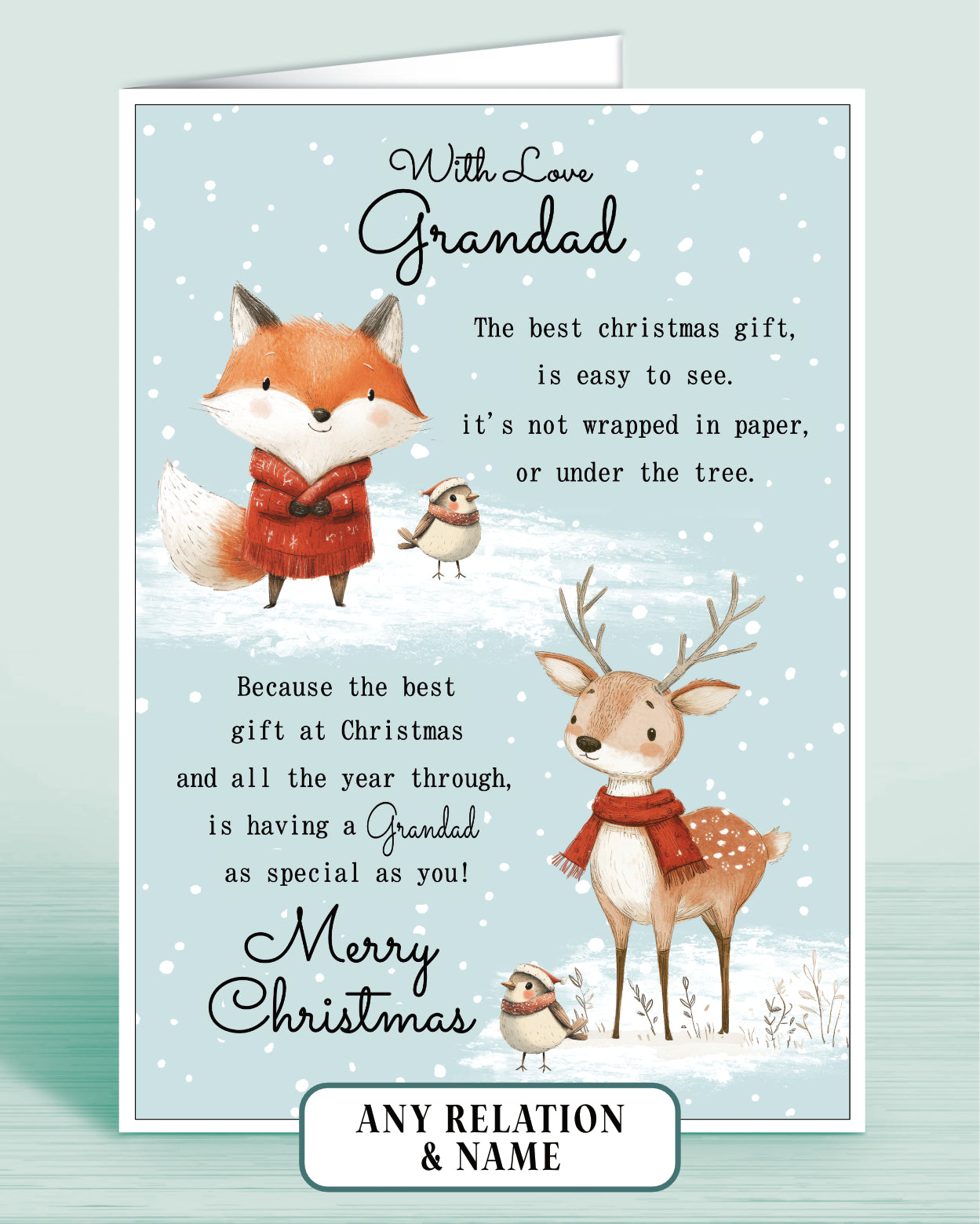Grandad Personalised Christmas card with fox, deer, and robins on a light blue snowy background