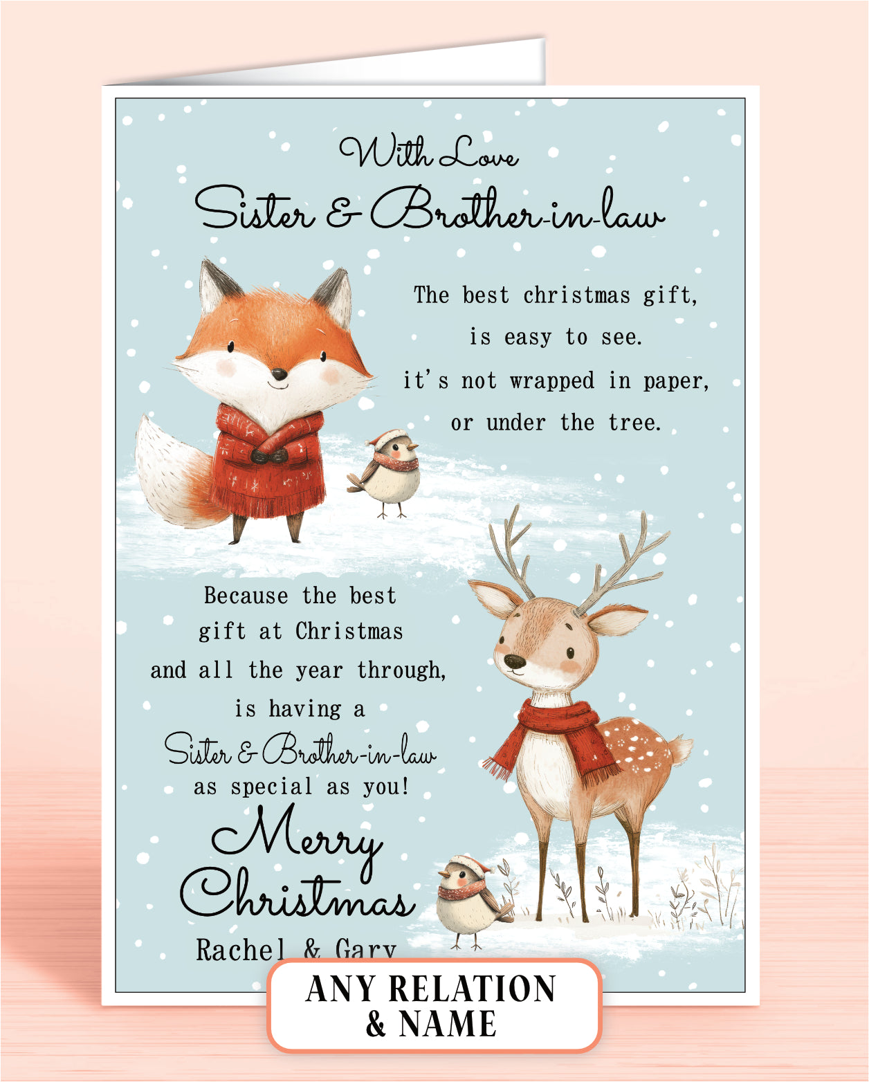 Sister & Brother-in-law Personalised Christmas card with fox, deer, and robins on a light blue snowy background