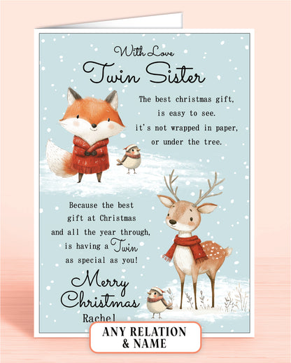 Twin Sister Personalised Christmas card with fox, deer, and robins on a light blue snowy background