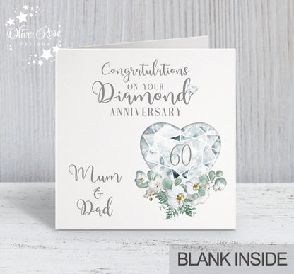 60th Diamond Anniversary Card, Congratulations on your Diamond Anniversary, Mum & Dad, 60 years