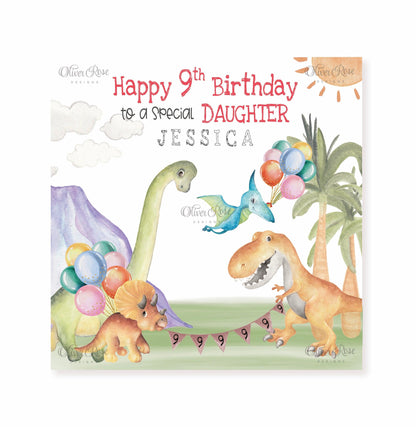 Happy Birthday Card | Dinosaur Theme | to a special Daughter, Son, Granddaughter, Grandson, Niece, Nephew, Goddaughter, Godson, Cousin, SIster, Brother ANY AGE 2nd, 3rd, 4th, 5th, 6th, 7th, 8th, 9th, 10th | Oliver Rose Designs