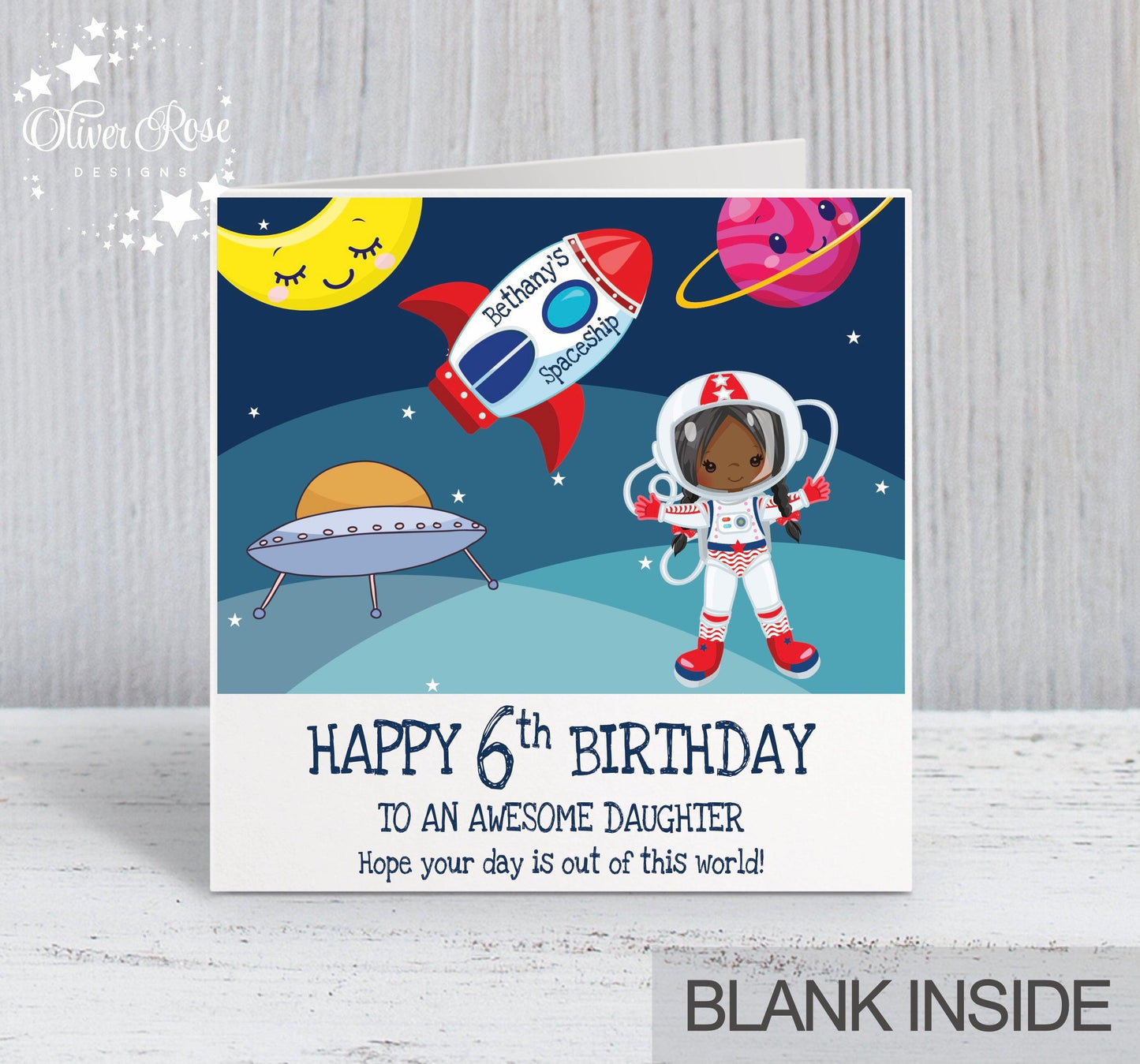 Daughter 6th Birthday Card, for Girls, Black Hair, Space Astronaut Personalised Card, Any Age, Any Relationship GIRL J