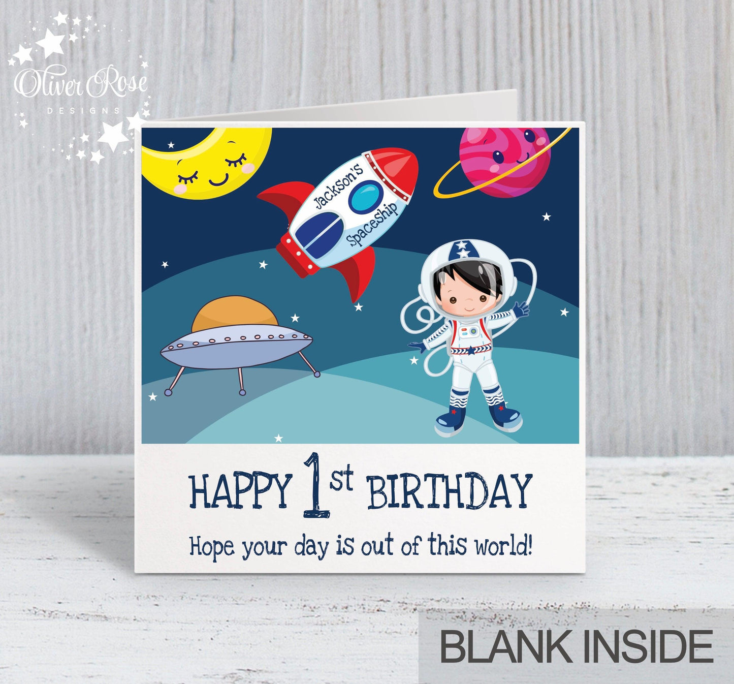 1st Birthday Card, for Boys, Black Hair, Space Astronaut Personalised Card, Any Age, Any Relationship BOY C