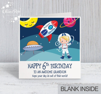 Grandson 6th Birthday Card, for Boys, Blonde Hair, Space Astronaut Personalised Card, Any Age, Any Relationship