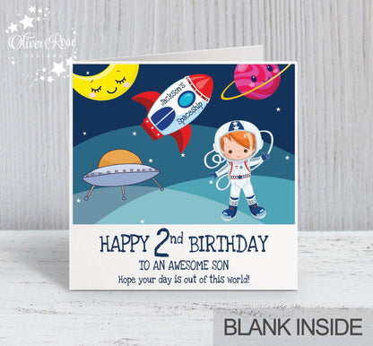 Space Astronaut Theme Birthday Card, for Boys, Any hair colour, Personalised Card, Any Age, Any Relationship