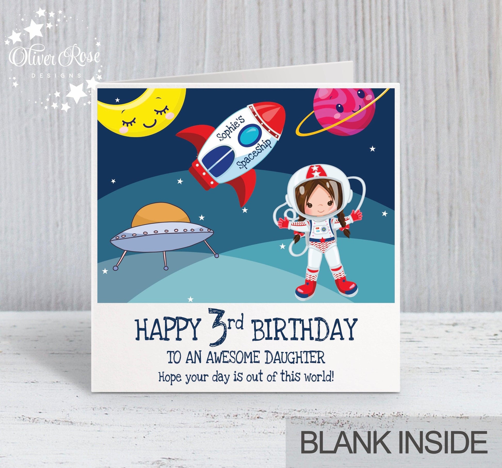 Space Astronaut Theme Birthday Card, for Girls, Any hair colour, Personalised Card, Any Age, Any Relationship