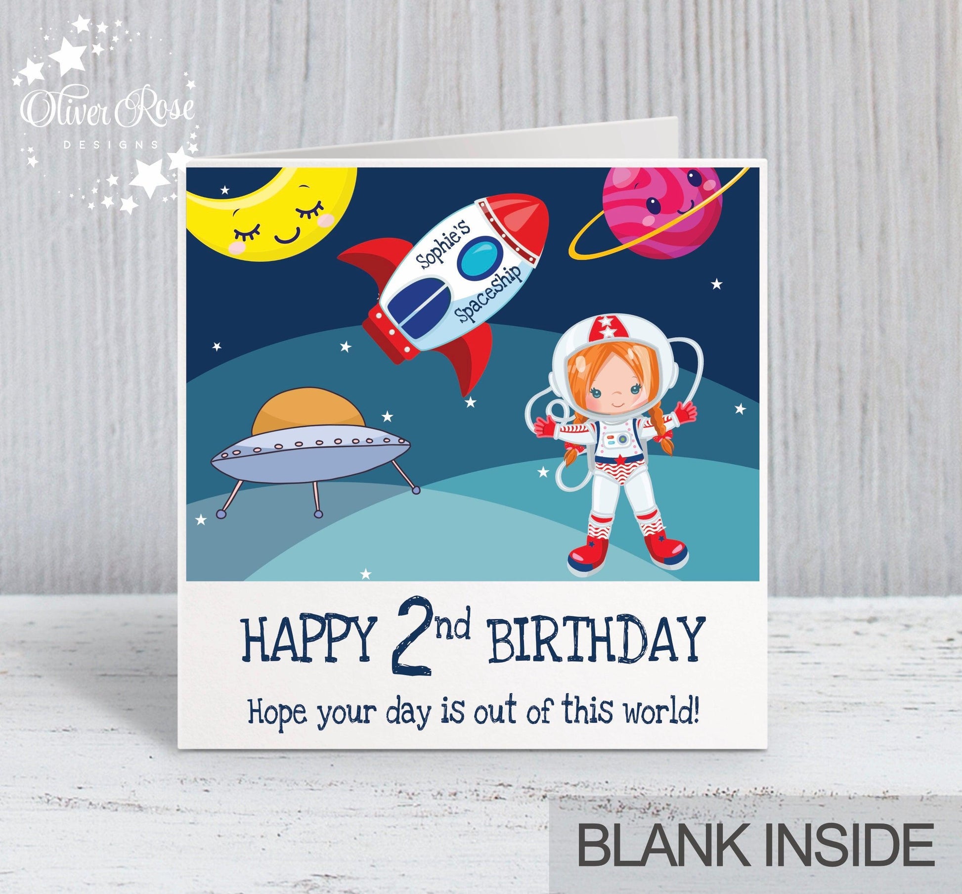 2nd Birthday Card, for Girls, Red Hair, Space Astronaut Personalised Card, Any Age, Any Relationship GIRL G