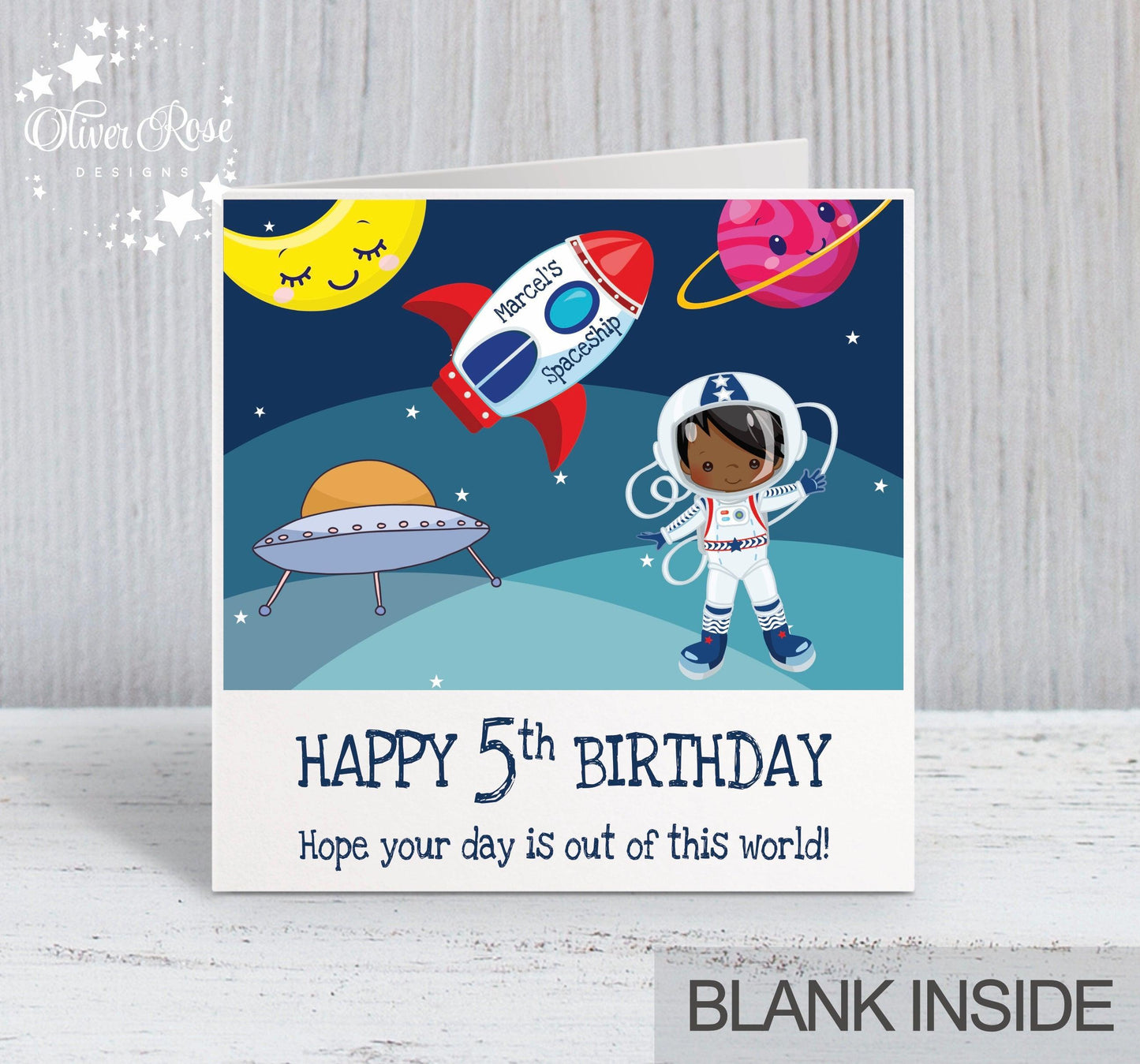 Space Astronaut Theme Birthday Card, for Boys, Any hair colour, Personalised Card, Any Age, Any Relationship