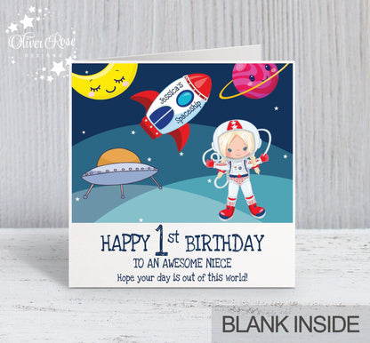 Niece 1st Birthday Card, for Girls, Blonde Hair, Space Astronaut Personalised Card, Any Age, Any Relationship GIRL I