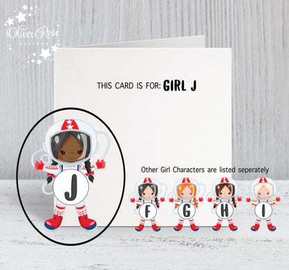 Space Astronaut Theme Birthday Card, for Girls, Blach Hair, Personalised Card, Any Age, Any Relationship, GIRL J