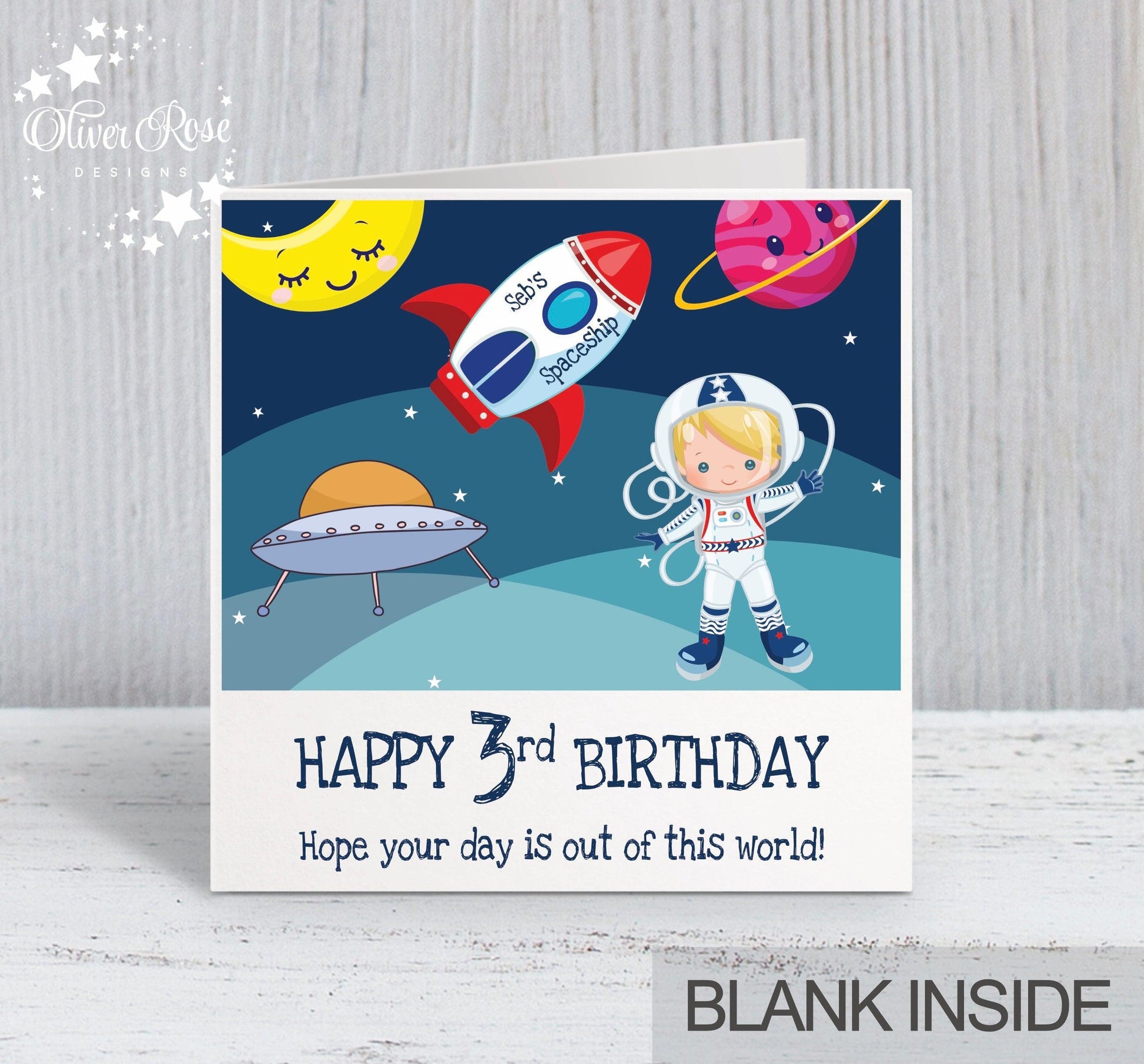 3rd Birthday Card, for Boys, Blonde Hair, Space Astronaut Personalised Card, Any Age, Any Relationship