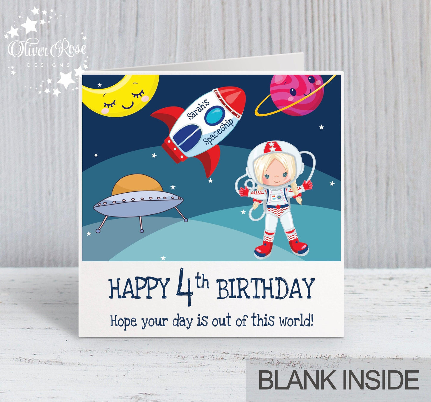 Space Astronaut Theme Birthday Card, for Girls, Any hair colour, Personalised Card, Any Age, Any Relationship