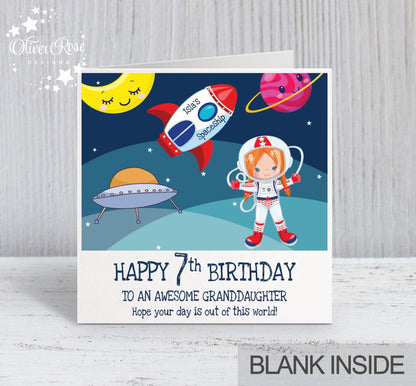 Space Astronaut Theme Birthday Card, for Girls, Any hair colour, Personalised Card, Any Age, Any Relationship