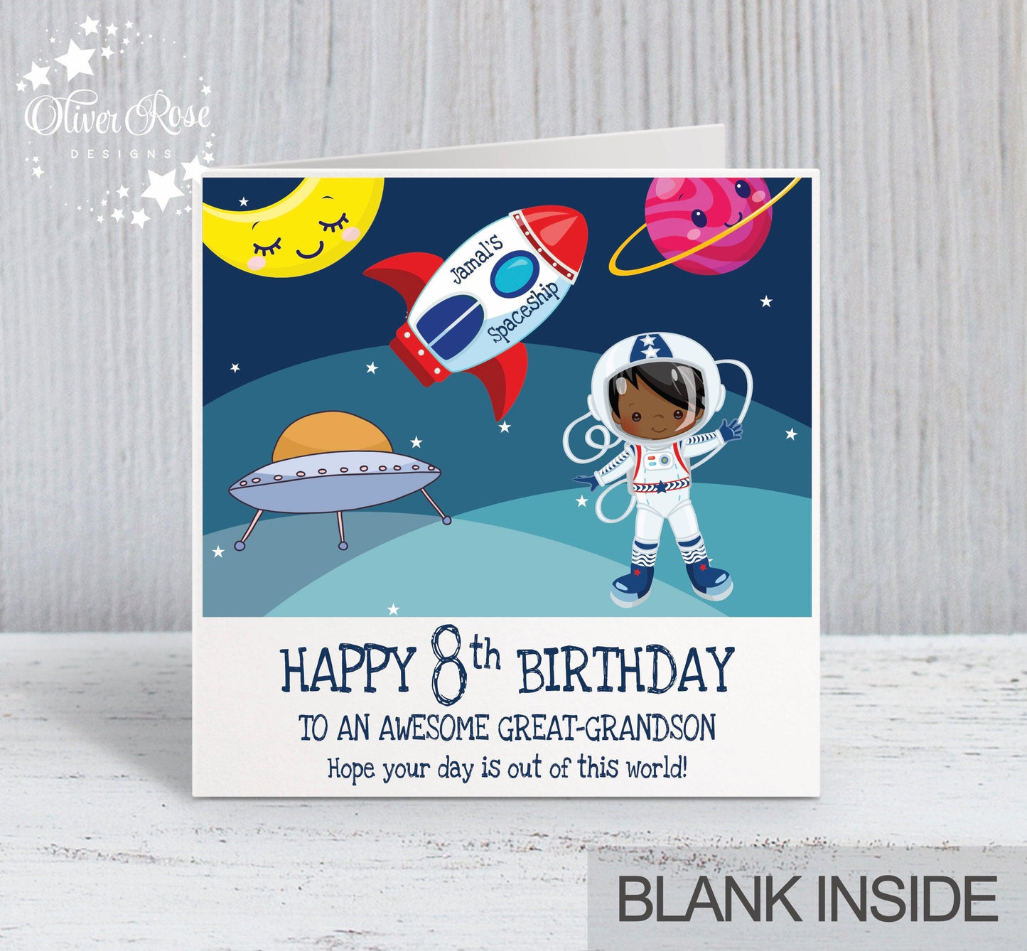 Great-Grandson 8th Birthday Card, for Boys, Black Hair, Space Astronaut Personalised Card, Any Age, Any Relationship BOY D