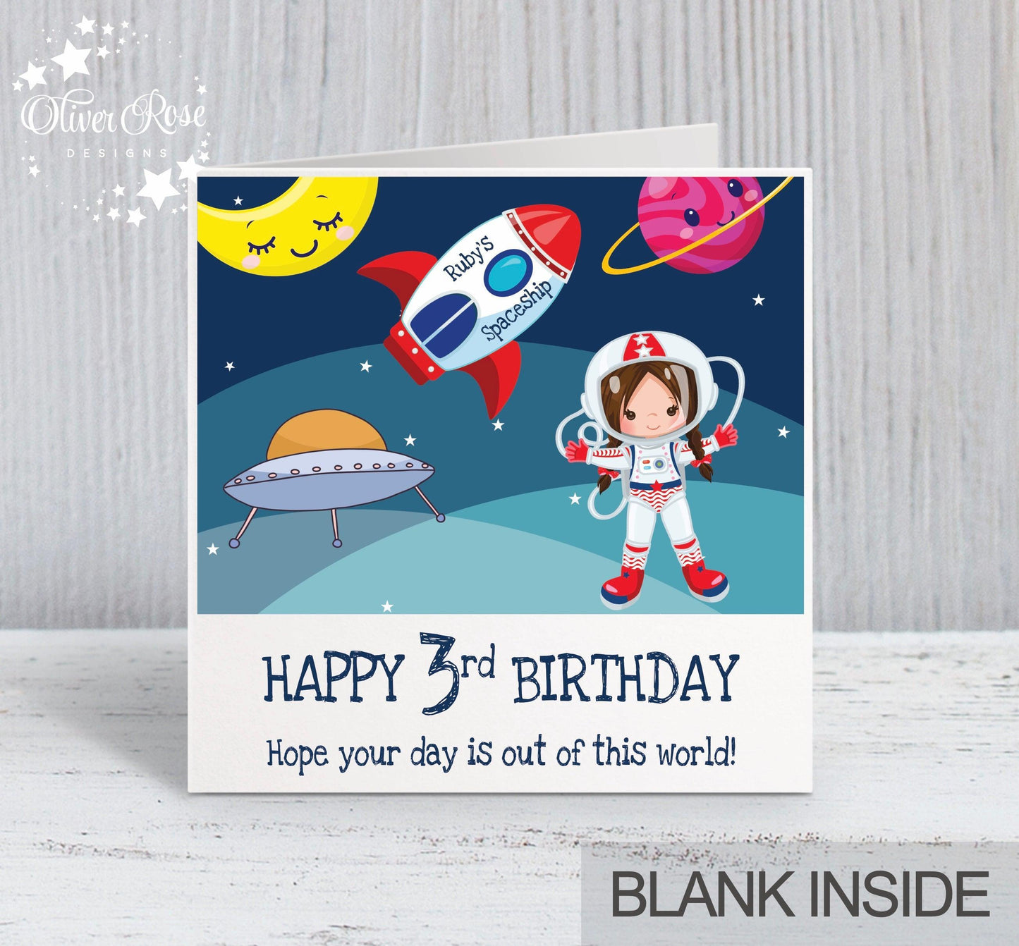 3rd Birthday Card, for Girls, Brown Hair, Space Astronaut Personalised Card, Any Age, Any Relationship, GIRL H