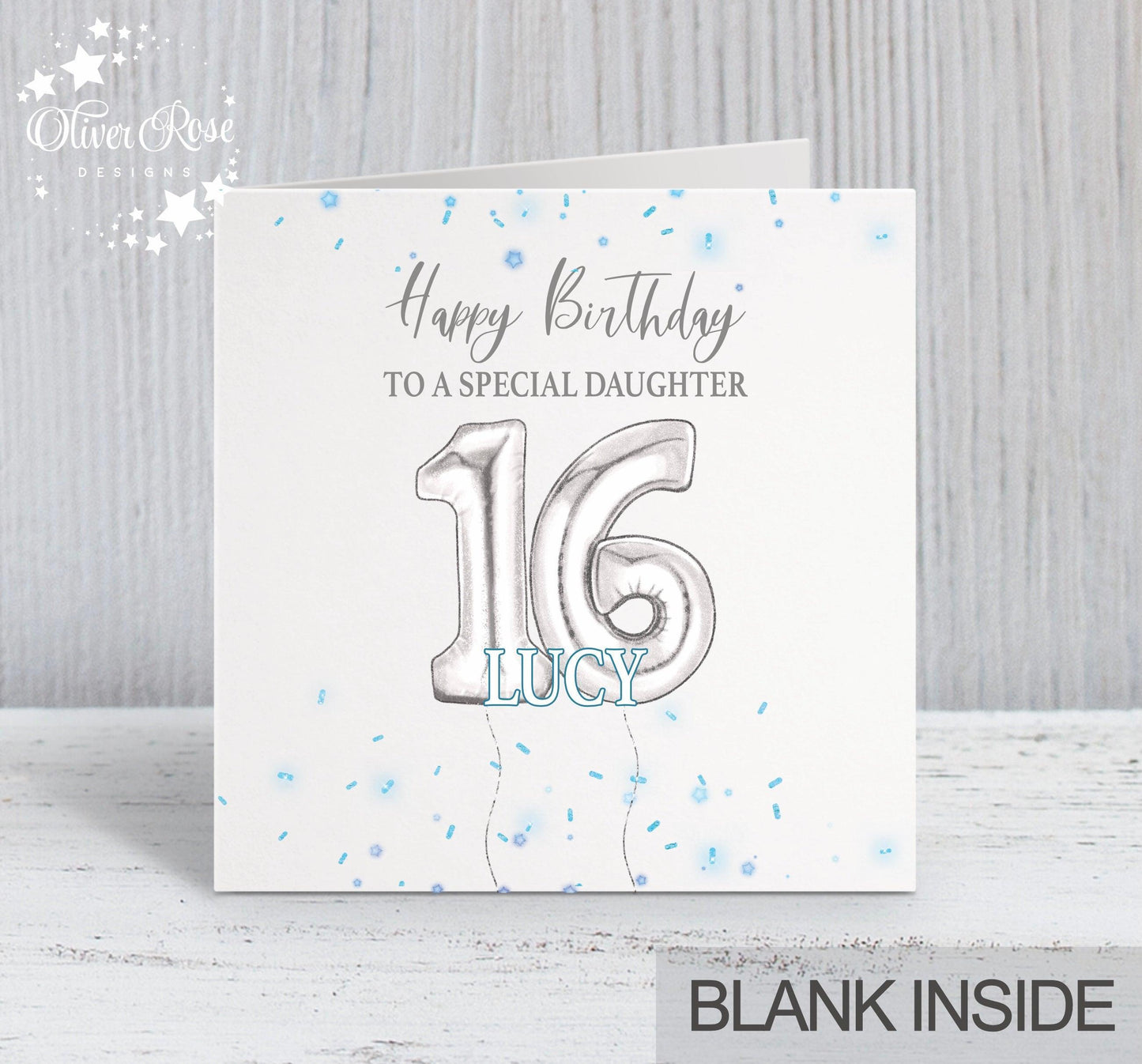 Daughter Birthday Card, 16th Birthday Card, Blue & Silver Effect Birthday Card, Any Age, Any Relation & Add A Name | Oliver Rose Designs