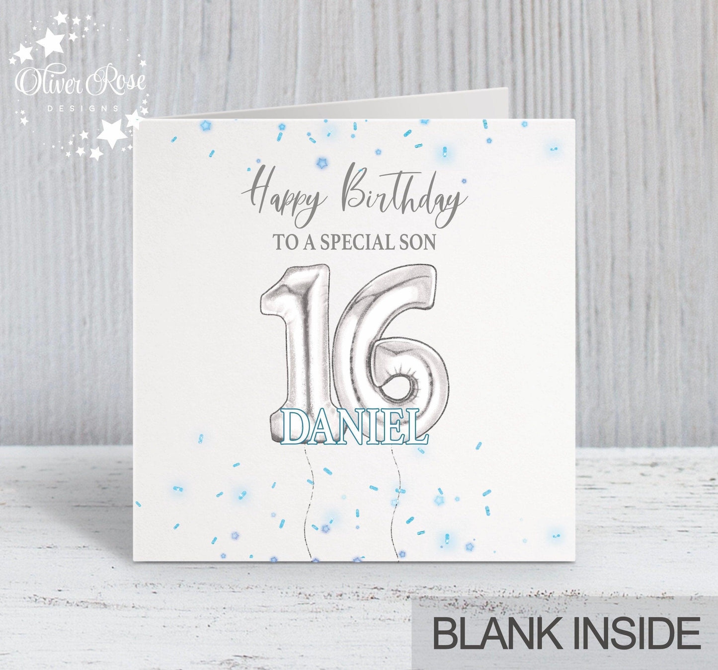 Son Birthday Card, 16th Birthday Card, Blue & Silver Effect Birthday Card, Any Age, Any Relation & Add A Name | Oliver Rose Designs