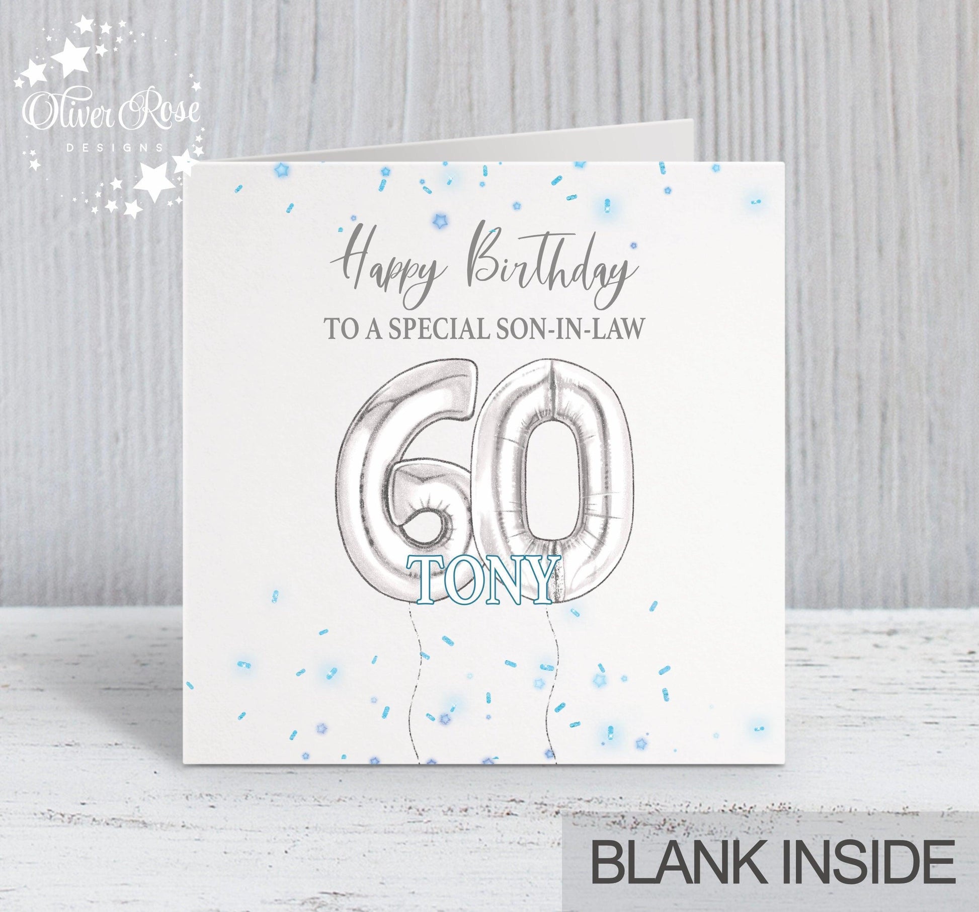 Son-In-Law Birthday Card, 60th Birthday Card, Blue & Silver Effect Birthday Card, Any Age, Any Relation & Add A Name | Oliver Rose Designs