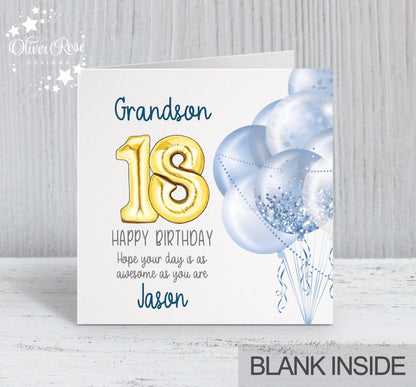18th Birthday Card Grandson, Blue & Gold Balloons, Personalised with name, Happy Birthday, Hope your day is as awesome as you are! 5.75" square Blank Inside