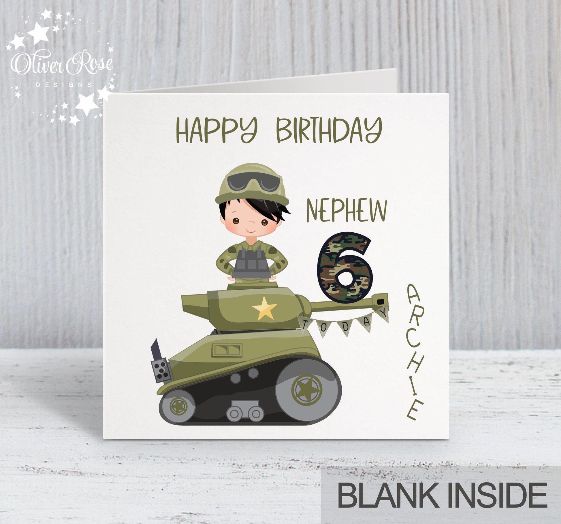 Nephew Birthday Card, 6th Birthday Card, Boys Army Tank Theme Birthday Card (Boy A) Any Age, Any Relation | Oliver Rose Designs