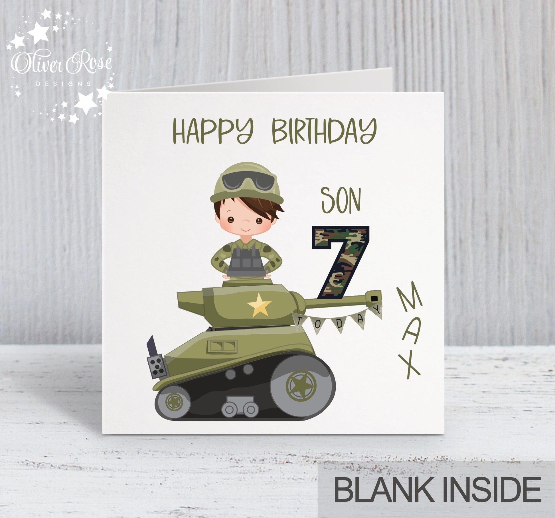 Son Birthday Card, 7th Birthday Card, Boys Army Tank Theme Birthday Card (Boy D) Any Age, Any Relation | Oliver Rose Designs