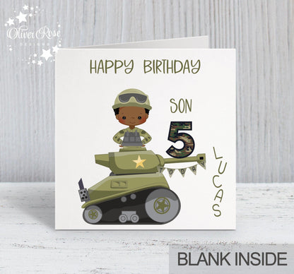 Son Birthday Card, 5th Birthday Card, Boys Army Tank Theme Birthday Card (Boy B) Any Age, Any Relation | Oliver Rose Designs