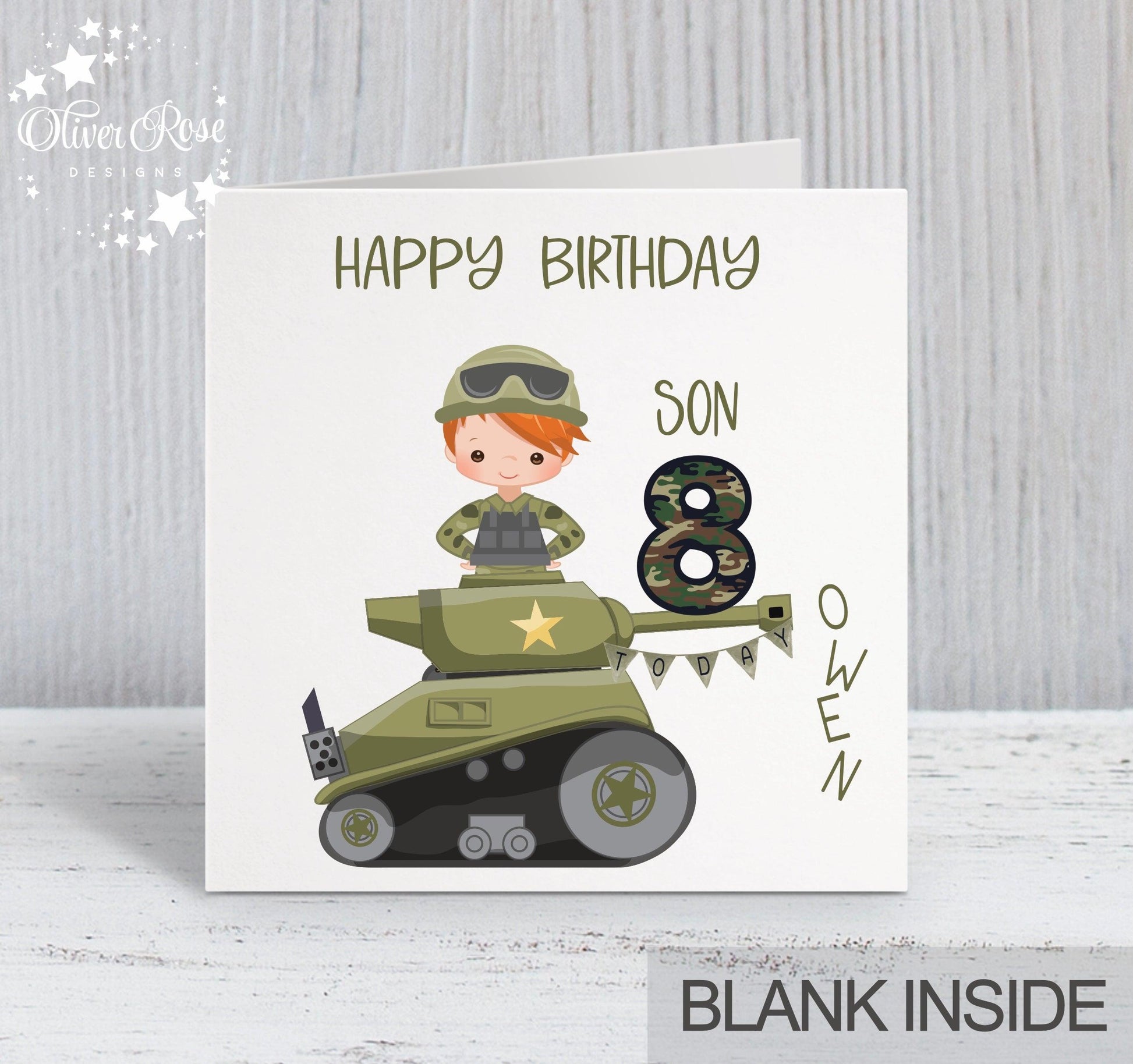 Son Birthday Card, 8th Birthday Card, Boys Army Tank Theme Birthday Card (Boy C) Any Age, Any Relation | Oliver Rose Designs