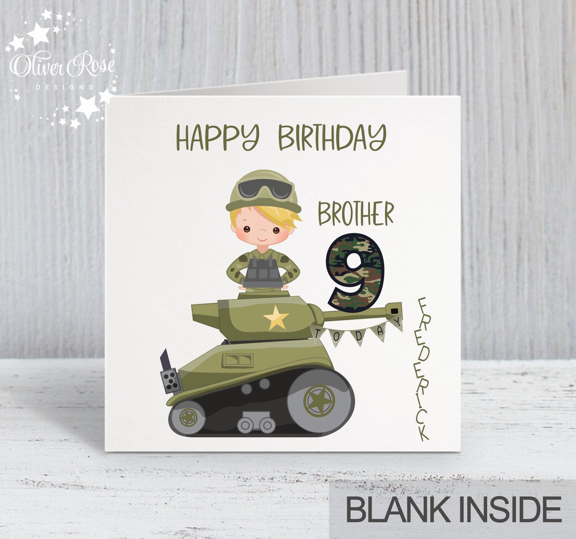 Brother Birthday Card, 9th Birthday Card, Boys Army Tank Theme Birthday Card (Boy E) Any Age, Any Relation | Oliver Rose Designs