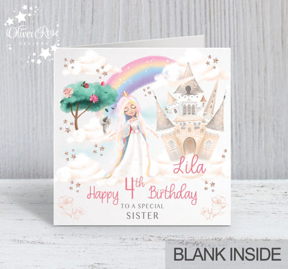 Dreamy Princess Castle Birthday Card, 4th Birthday Card, Sister, Personalised