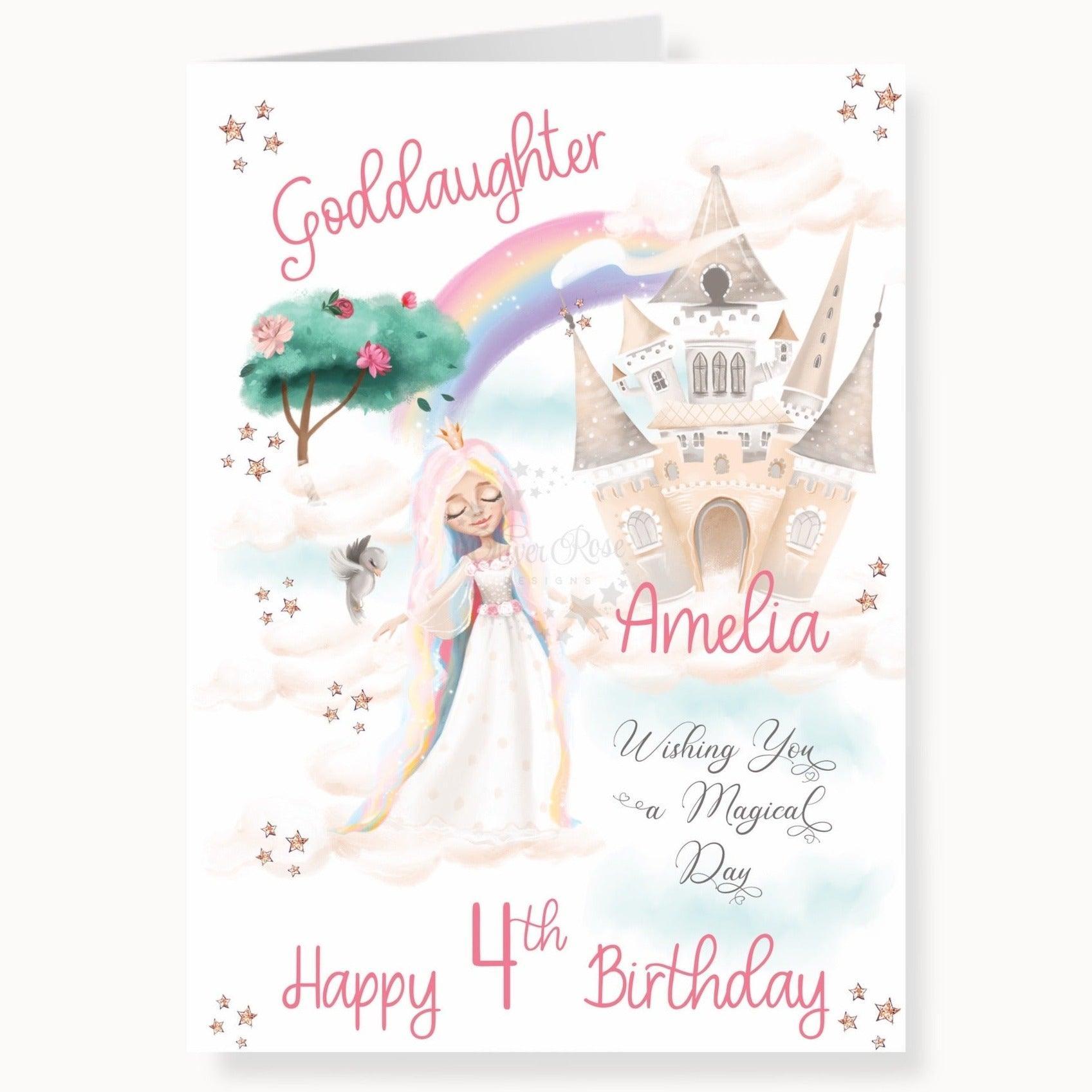 Princess Goddaughter 4th Birthday Card, Personalised Birthday Card, Dreamy Rainbow Princess Castle Birthday Card, any age, any relationship