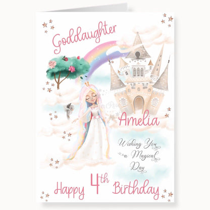 Princess Goddaughter 4th Birthday Card, Personalised Birthday Card, Dreamy Rainbow Princess Castle Birthday Card, any age, any relationship