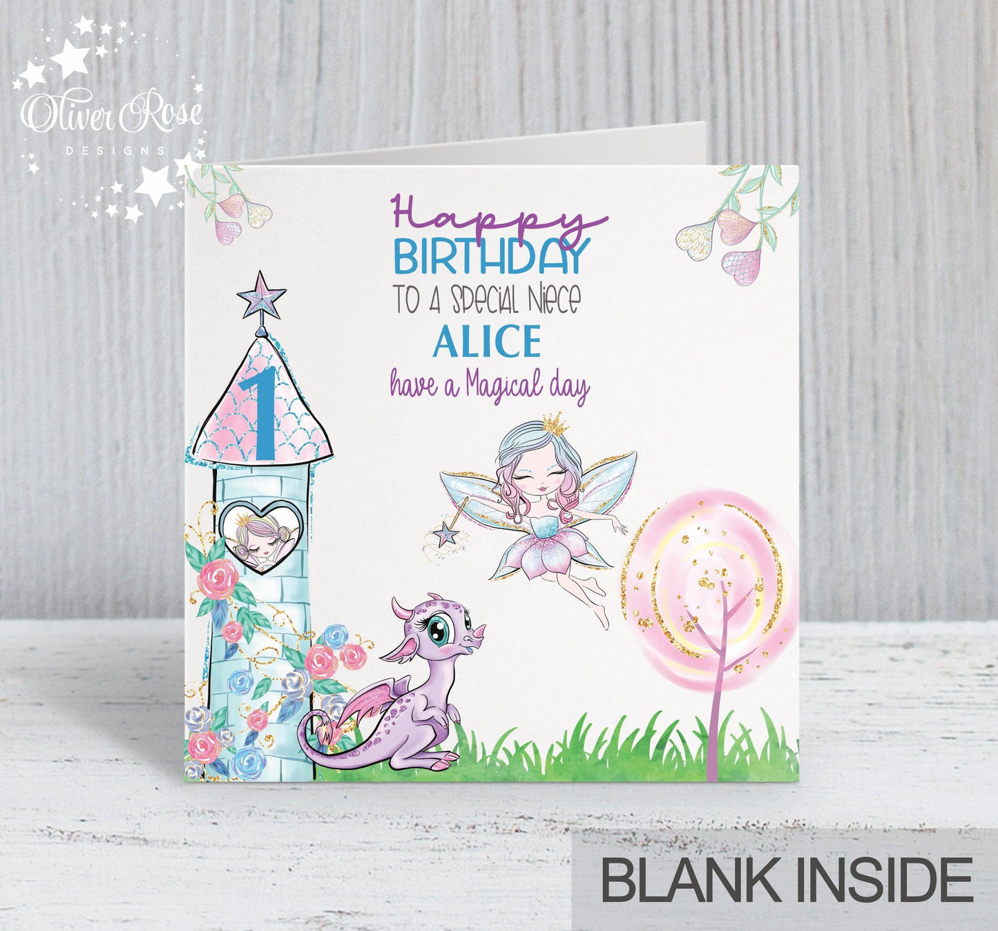 fairy dragon magical birthday card, 1st Birthday Card, Fairies, Dragons, Magical Tower, Whimsical, Great Niece birthday card, Personalised birthday card, 