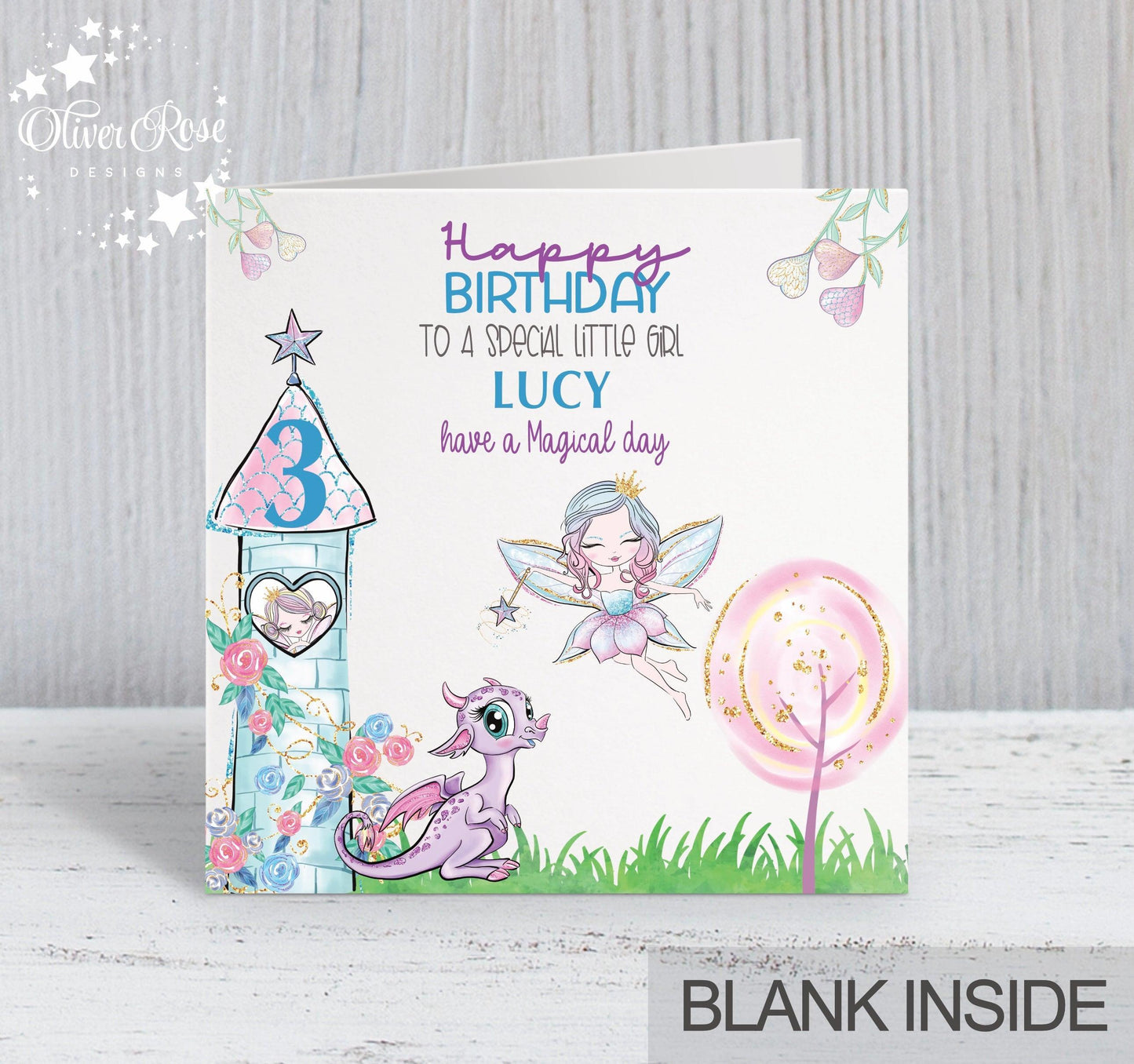 Little Girl birthday card, 3rd Birthday Card, Fairies, Dragons, Magical Tower, Whimsical, Any Age, Any Relation & Add a Name | Oliver Rose Designs