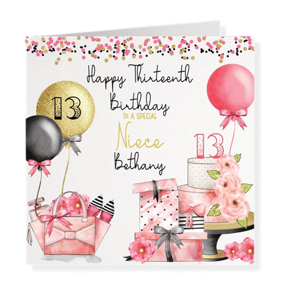 Niece Birthday Card Age 13th, Pink, Black & Gold Effect, Any Age, Any Relation, To a Special Great-Niece, Personalise with a Name | Oliver Rose Designs