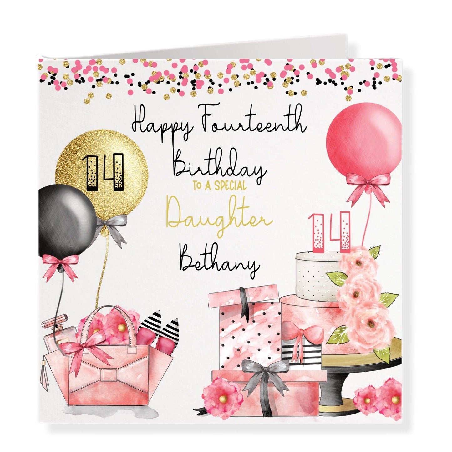 Daughter Birthday Card Age 14th, Pink, Black & Gold Effect, Any Age, Any Relation, To a Special Granddaughter, Goddaughter, Personalise with a Name | Oliver Rose Designs