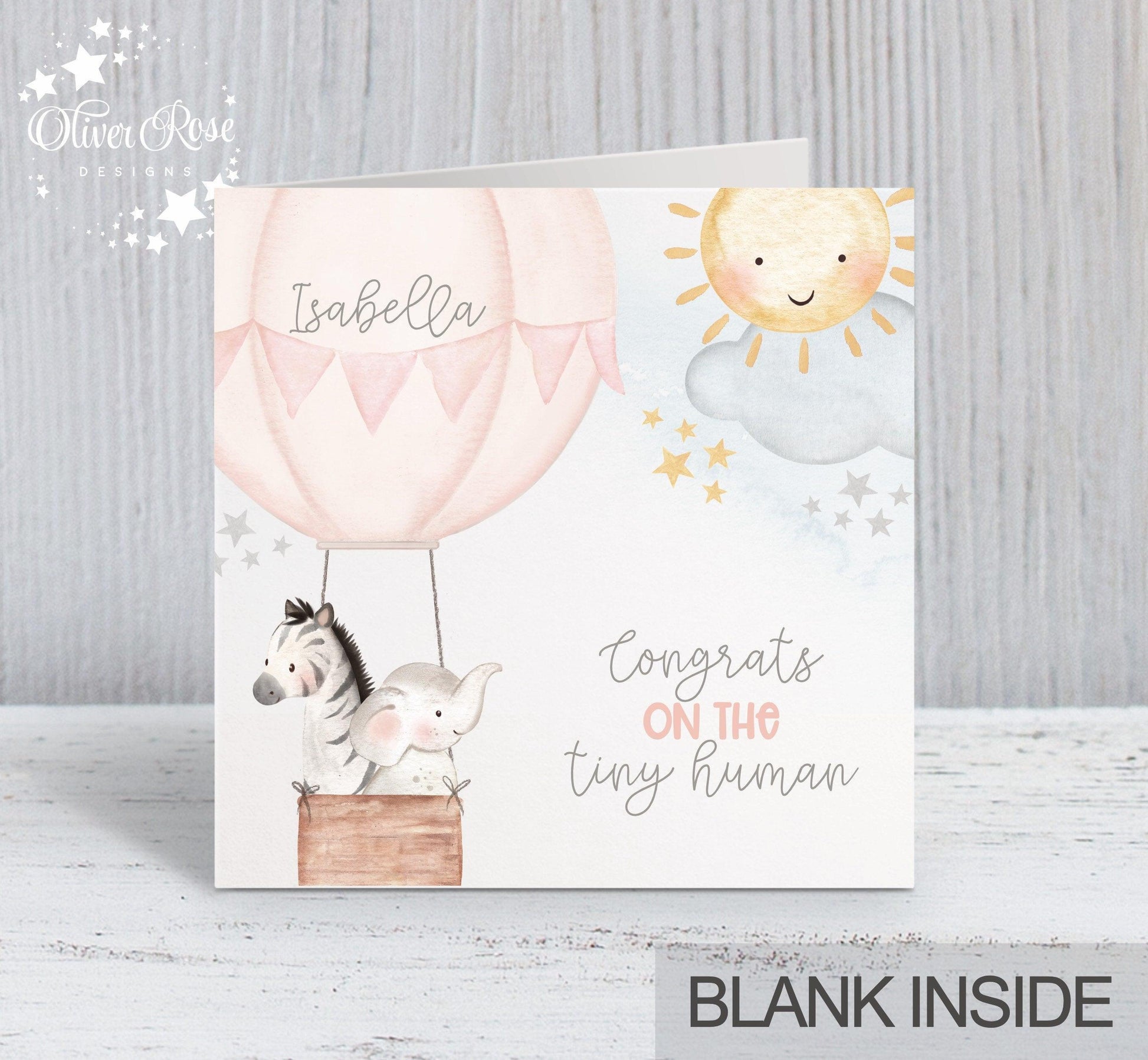 Hot Air Balloon New Baby Card (5.75" Square) (Pink) - Oliver Rose Designs