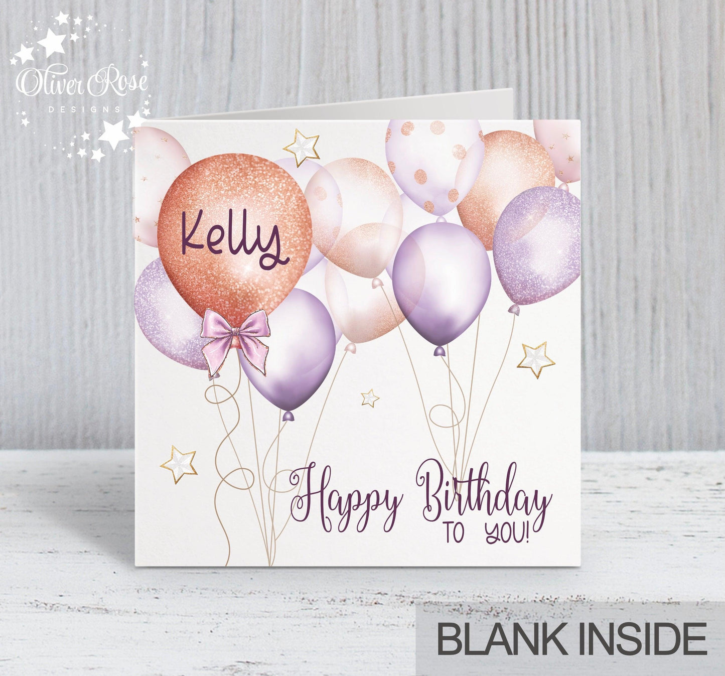 Lilac & Rose Gold Effect Balloons Birthday Card (5.75" Square) - Oliver Rose Designs