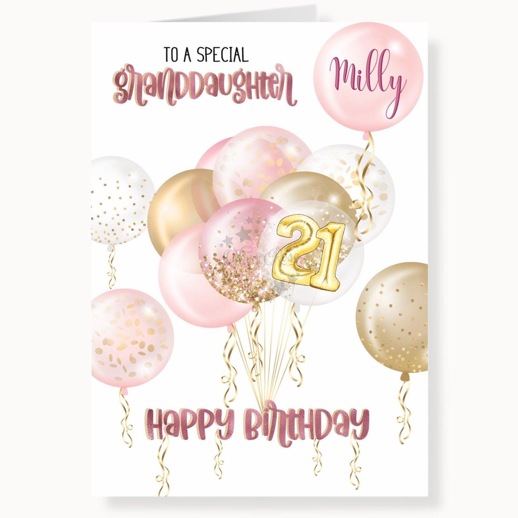 Pink & Gold effect balloons 21st birthday card, to a special granddaughter, SKU: BDAYPINKA5