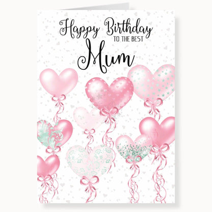 Mum Birthday Card, To the Best Mum, Pink & Green Heart Balloons | Oliver Rose Designs