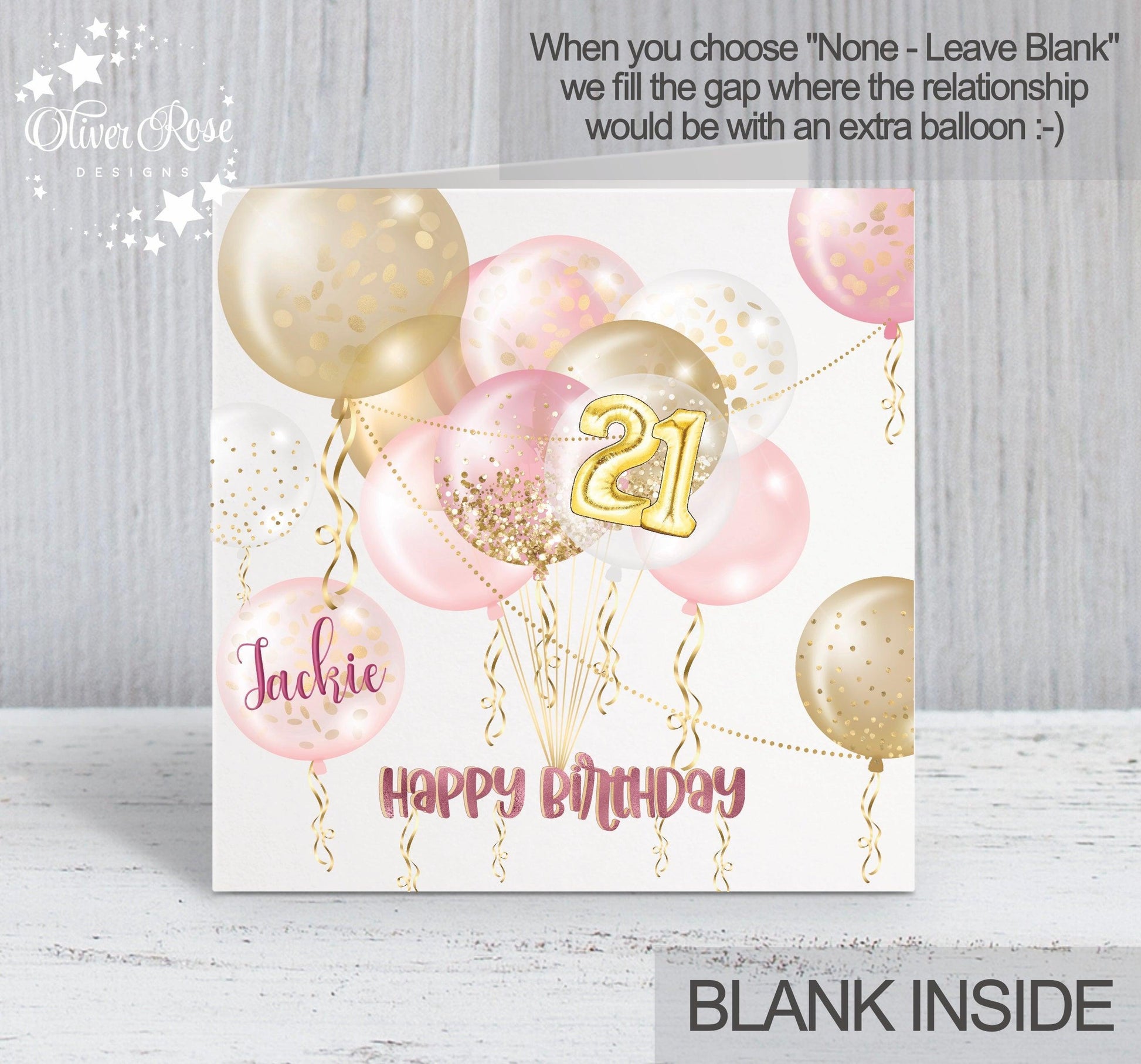 21st Birthday Card, Personalised Pink Balloons Birthday Card (5.75" Square) - Oliver Rose Designs