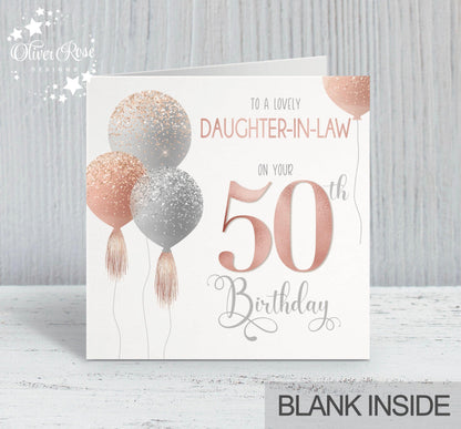 Daughter Birthday Card, Personalised 50th Birthday Card for Daughter In Law, Pink Balloons Birthday Card (5.75" Square) - Oliver Rose Designs