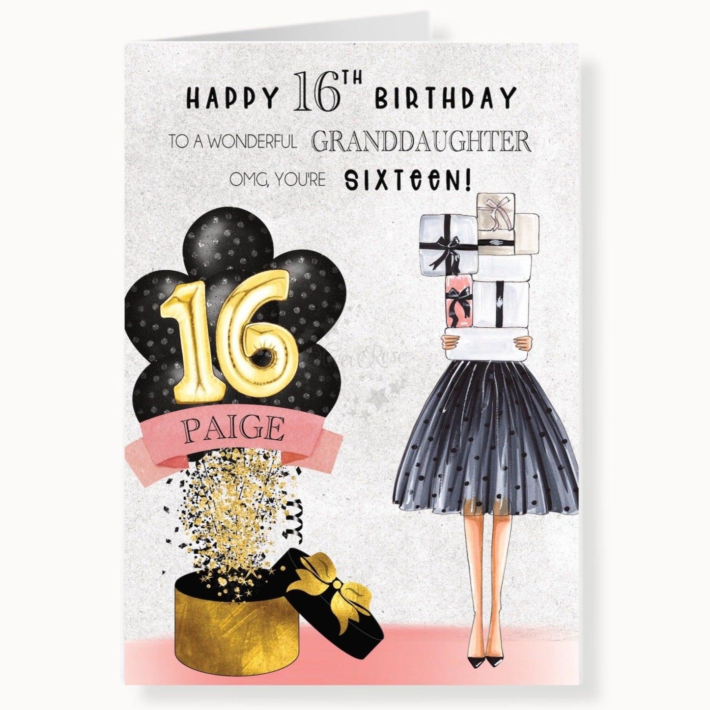 Granddaughter 16th Birthday Card, Personalised with Name of your choice, To A Wonderful Granddaughter, Black & Pink Polka Dot Balloons | Oliver Rose Designs