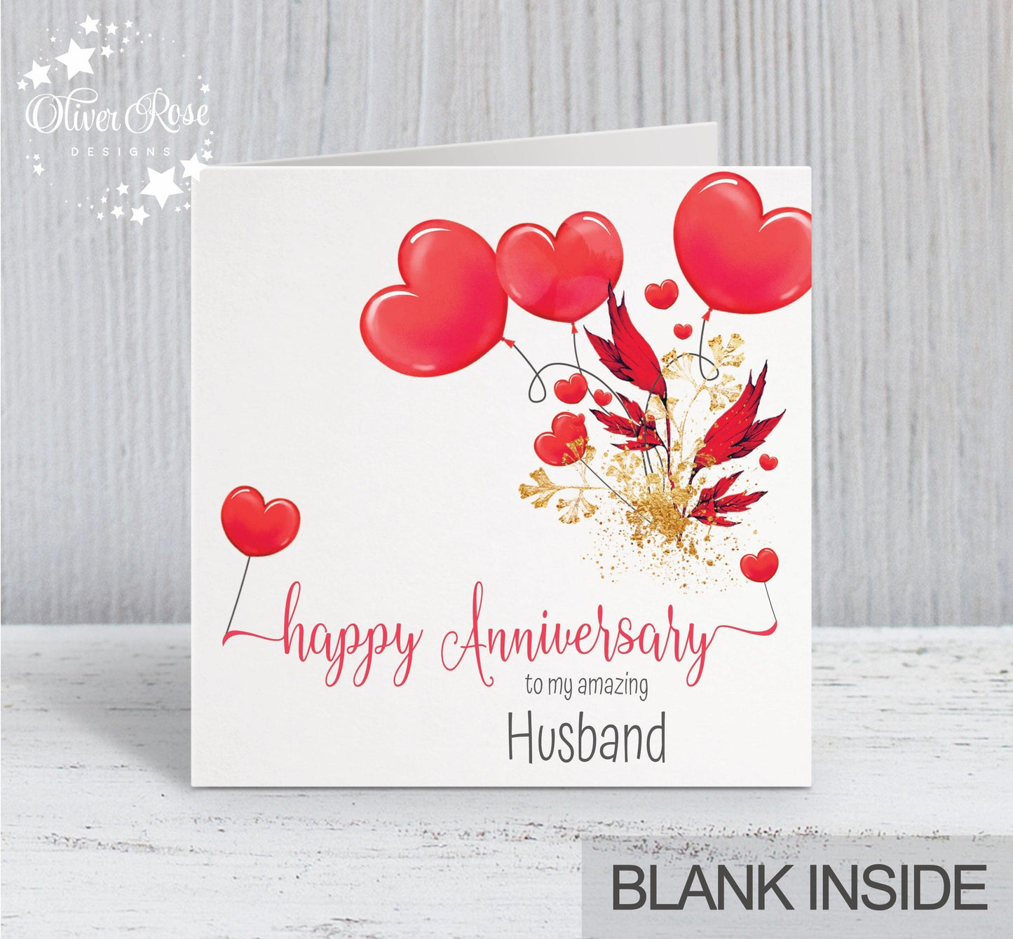 Husband Anniversary Card, Red Hearts (6" Square) - Oliver Rose Designs