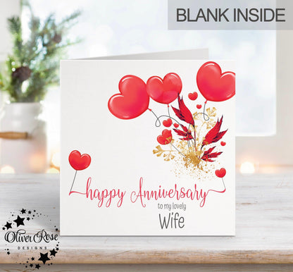 Wife Anniversary Card, Red Hearts (6" Square) - Oliver Rose Designs