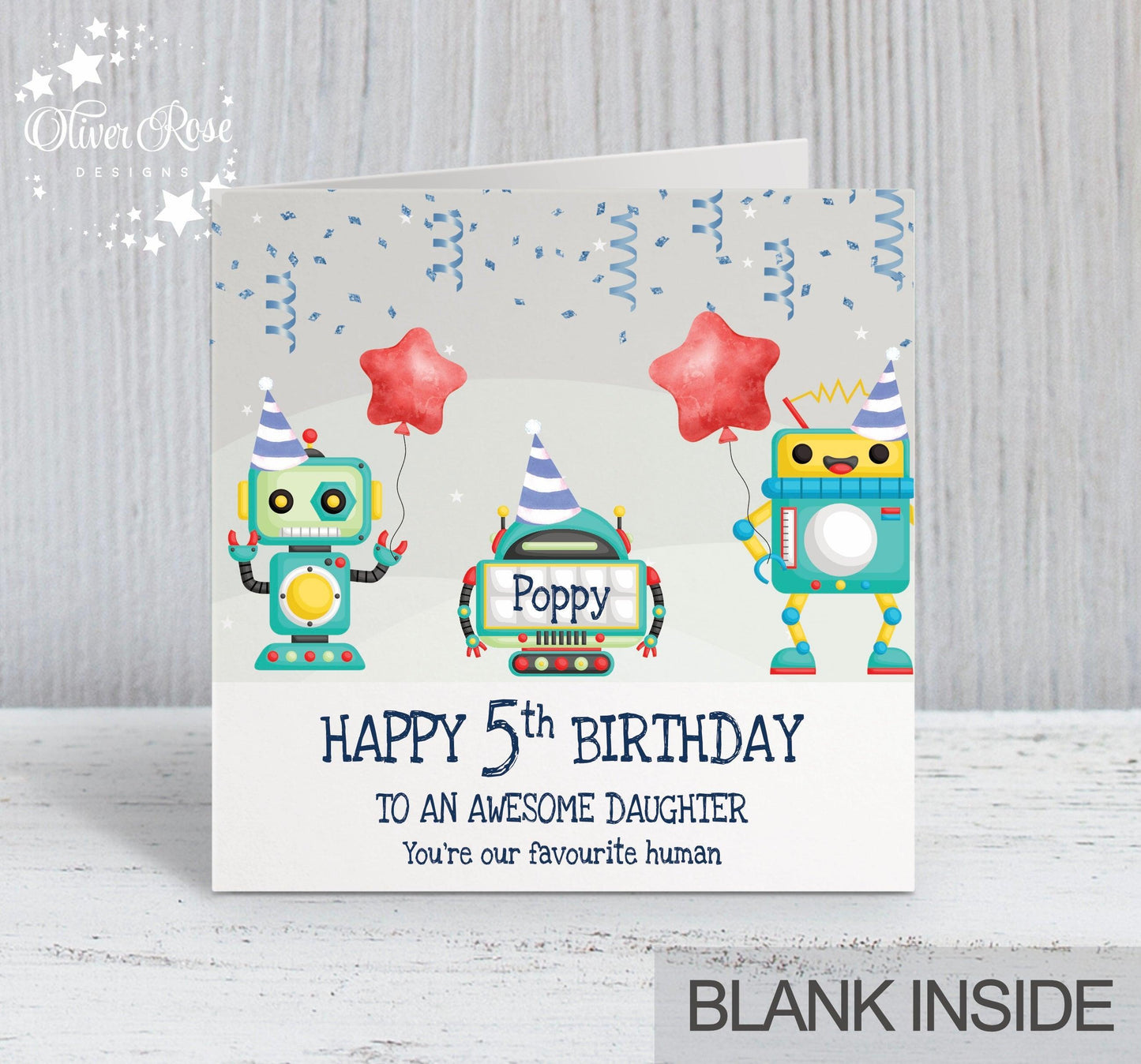 5th Birthday Card, Daughter Birthday Card, Personalised Birthday Card, Robot Theme Birthday Card