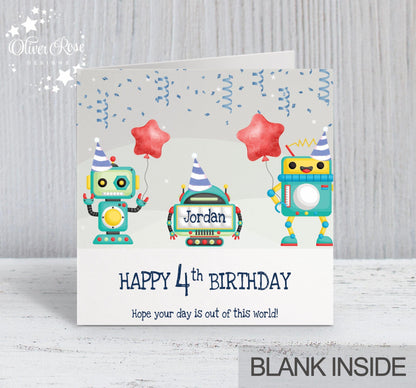 4th Birthday Card, Personalised Birthday Card, Robot Theme Birthday Card
