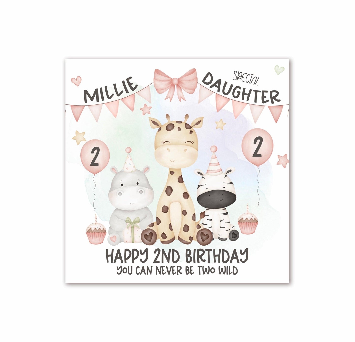 Safari Animals 2nd Birthday Card in PINK, Personalised with a Name, Special DAUGHTER, Happy 2nd Birthday Card, YOU CAN NEVER BE TWO WILD, Giraffe, Rhino & Zebra [Oliver Rose Designs]