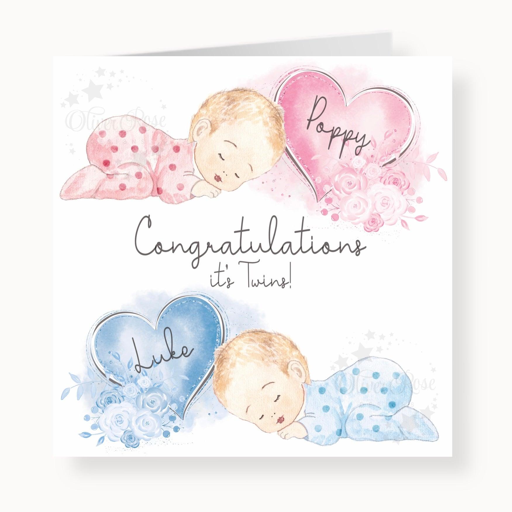 Newborn Baby Twins Girl & Boy Congratulations Card (5.75